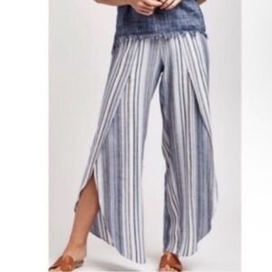 DREW Pants Womens Medium Blue & White Stripe Wide Leg Whitney Split Tulip Hem